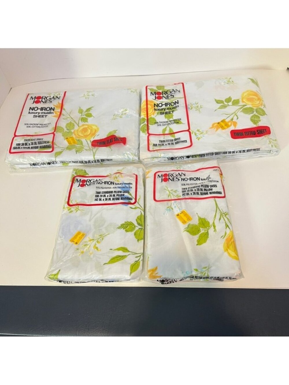 Vintage Morgan Jones 4 Pillowcases, Twin Flat & Fitted Sheet Set Yellow Floral